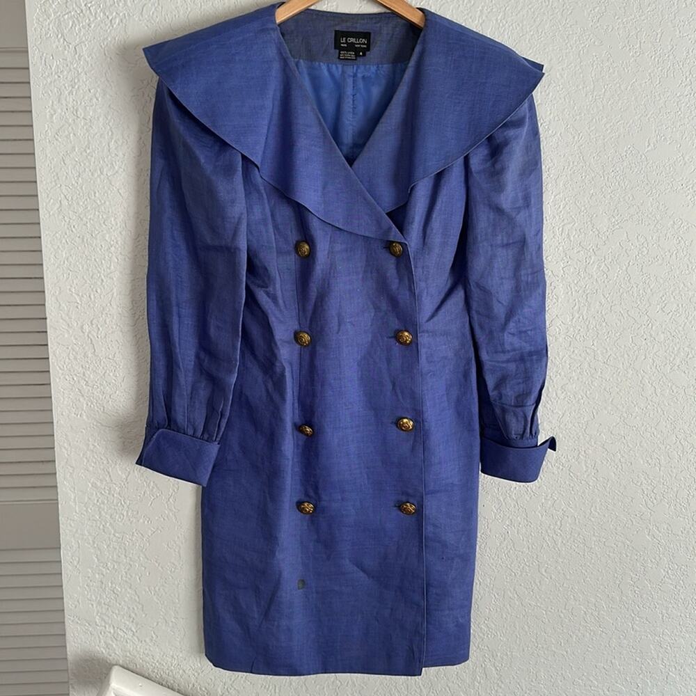 Vintage 80s Le Crillon Linen Dress Blue Sailor Size 4 Shoulder Pads Dynasty